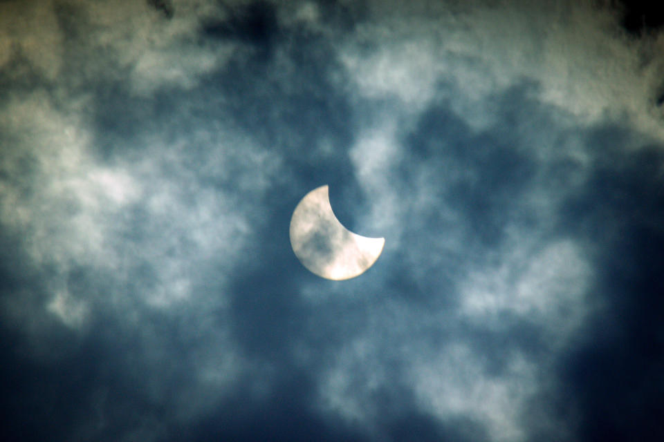 A view of hybrid solar eclipse in Mojokerto, East Java Province, Indonesia on April 20, 2023