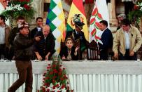 Juan Carlos Huarachi leader of the COB Bolivian Workers Union, gestures during a meeting with Bolivia's government authorities at the presidential palace in La Paz