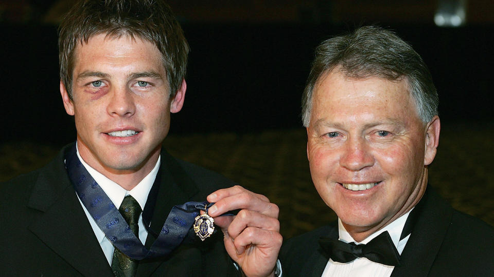 Ben Cousins poses with his father Bryan after being announced as the winner of the 2005 Brownlow Medal. (Photo by Paul Kane/Getty Images)