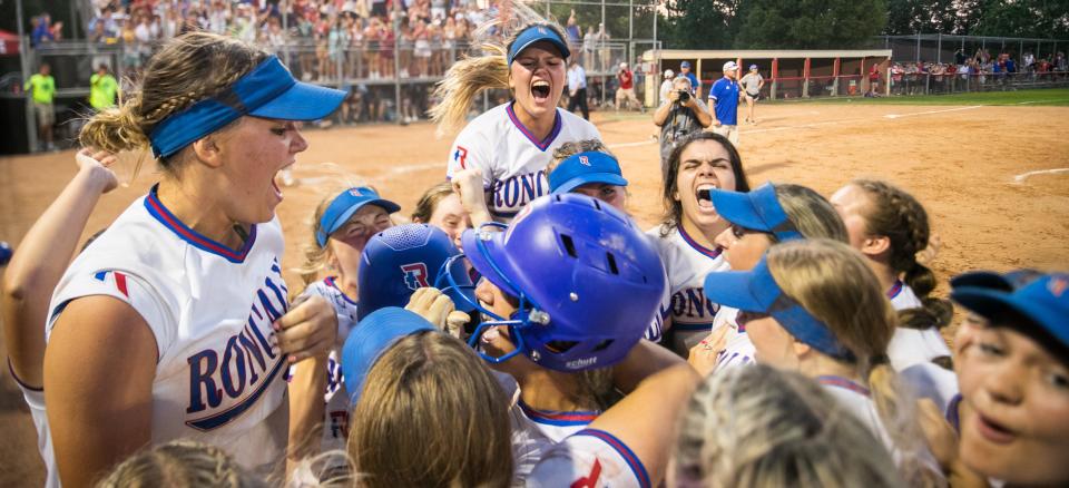 Roncalli celebrates after defeating Mt. Vernon 1-0 on Saturday, June 5, 2021, in the IHSAA softball semi-states in Greenwood.