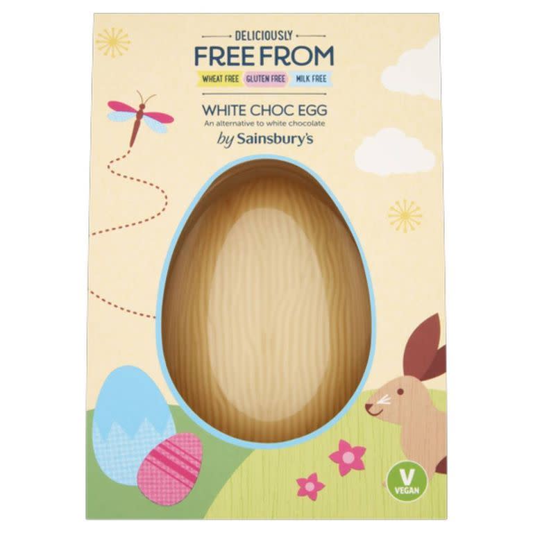<p>You genuinely can't beat white chocolate (whatever its form, we're into it), and that should be true for vegans, too, which is why we're so interested in Sainsbury's Free From offering. </p><p>Sainsbury's Deliciously Free From White Chocolate Egg, £3.50, Sainsbury's </p><p><a class="link " href="https://www.sainsburys.co.uk/shop/gb/groceries/product/details/easter-eggs-and-chocolate-/sainsburys-deliciously-free-from-white-chocolate-egg-100g-check-your-local-store-for-available-range-" rel="nofollow noopener" target="_blank" data-ylk="slk:BUY NOW;elm:context_link;itc:0;sec:content-canvas">BUY NOW</a><br></p>