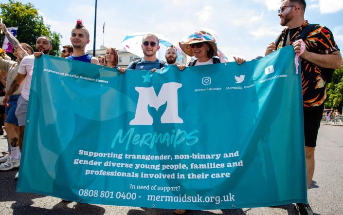 Активисты маршируют за баннером Mermaids UK на лондонском марше Trans + Pride - Alamy