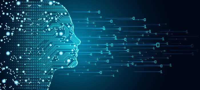 Circuits making up the outline of human head in profile, with blue lines moving forward