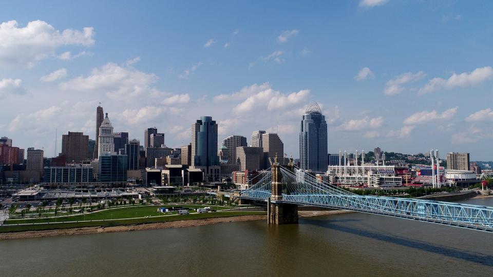 The Cincinnati skyline and Ohio River on July 12, 2017.