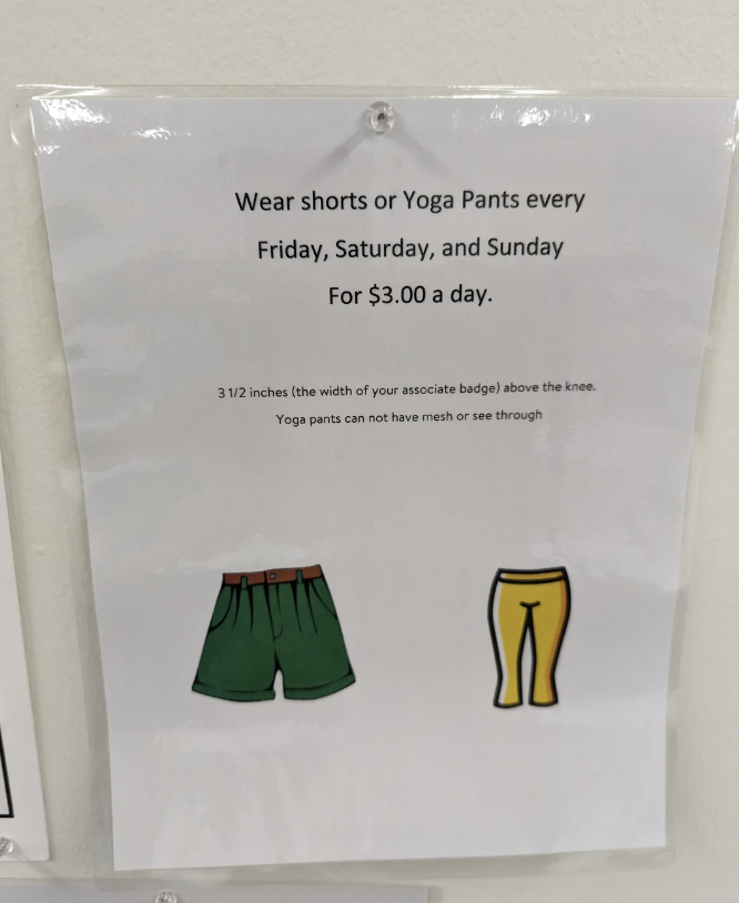 a paper telling employees they have to pay to dress comfortably