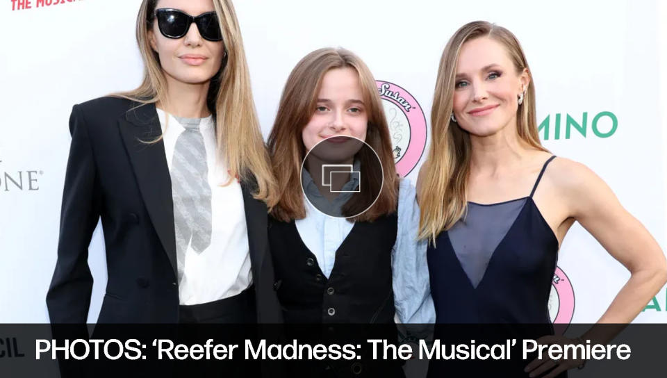 (L-R) Angelina Jolie, Vivienne Jolie-Pitt and Kristen Bell at the opening night performance of "Reefer Madness: The Musical" at The Whitley on May 30, 2024, in Los Angeles.
