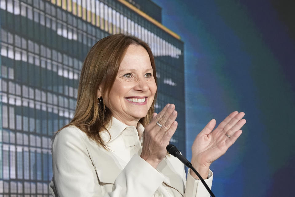 General Motors CEO Mary Barra addresses a news conference, Monday, April 15, 2024 in Detroit. GM plans to move its iconic Detroit headquarters to a new downtown office tower and redevelop its home office site. In addition, Bedrock, which owns multiple office buildings downtown, will join GM in studying redevelopment of the seven-building Renaissance Center now owned by GM. The new building is on the site of the old Hudson's department store in the heart of downtown. (AP Photo/Carlos Osorio)