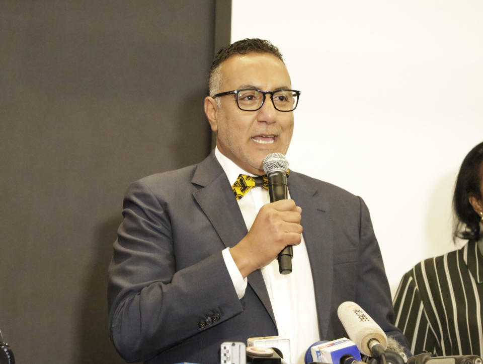 Cabinet Secretary ministry of tourism and wildlife Najib Balala addressing the public during the reopening of the hotel complex in Nairobi, Kenya, Wednesday, July 31, 2019. Kenya has reopened the luxury hotel complex after the January deadly attack by Muslim extremists al-Shabab which left twenty-one people dead.(AP Photo/Khalil Senosi)