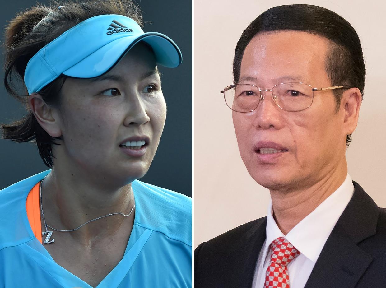 (COMBO) This combination of file photos shows tennis player Peng Shuai of China (L) during her women's singles first round match at the Australian Open tennis tournament in Melbourne on January 16, 2017; and Chinese Vice Premier Zhang Gaoli (R) during a visit to Russia at the Saint Petersburg International Investment Forum in Saint Petersburg on June 18, 2015. - Chinese tennis star Peng Shuai said she was safe and well during a video call with the International Olympic Committee chief on November 21, 2021, the organisation said, amid international concern about her well-being after being seen attending a Beijing tennis tournament, marking her first public appearance since she made her accusations against former vice premier Zhang Gaoli. (Photo by Paul CROCK and Alexander ZEMLIANICHENKO / AFP) (Photo by PAUL CROCK,ALEXANDER ZEMLIANICHENKO/AFP via Getty Images)