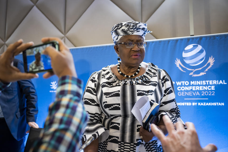WTO Director-General Ngozi Okonjo-Iweala speaks during a news conference before the opening of the 12th Ministerial Conference at the headquarters of the World Trade Organization in Geneva, Switzerland, Sunday, June 12, 2022. (Martial Trezzini/Keystone via AP)