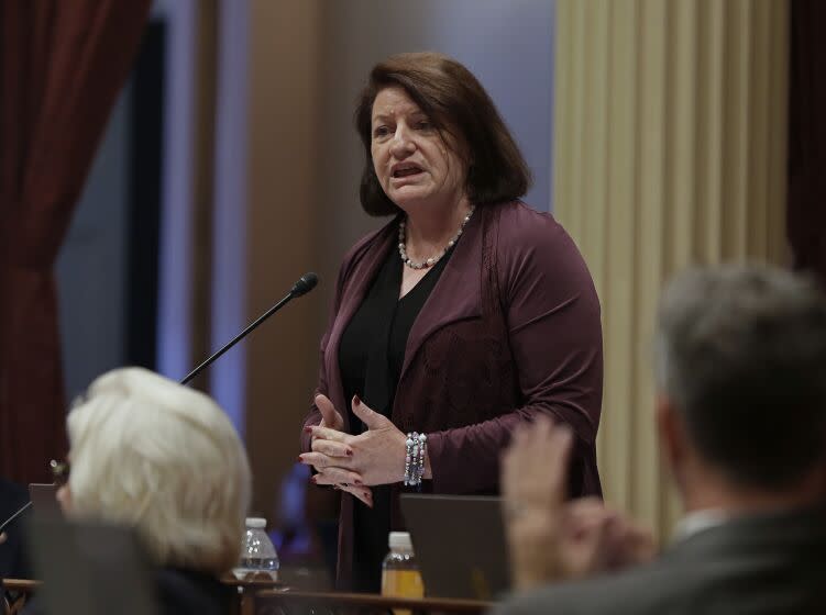 Senate President Pro Tem Toni Atkins, of San Diego, members of the Senate to approve the state budget, Thursday, June 14, 2018, in Sacramento, Calif. Lawmakers in both houses approved the $139 billion state budget plan that boosts spending 9 percent for the fiscal year beginning July 1. The bill now goes to the governor. (AP Photo/Rich Pedroncelli)