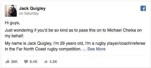 Quigley's post has received thousands of 'likes'. Pic: Facebook