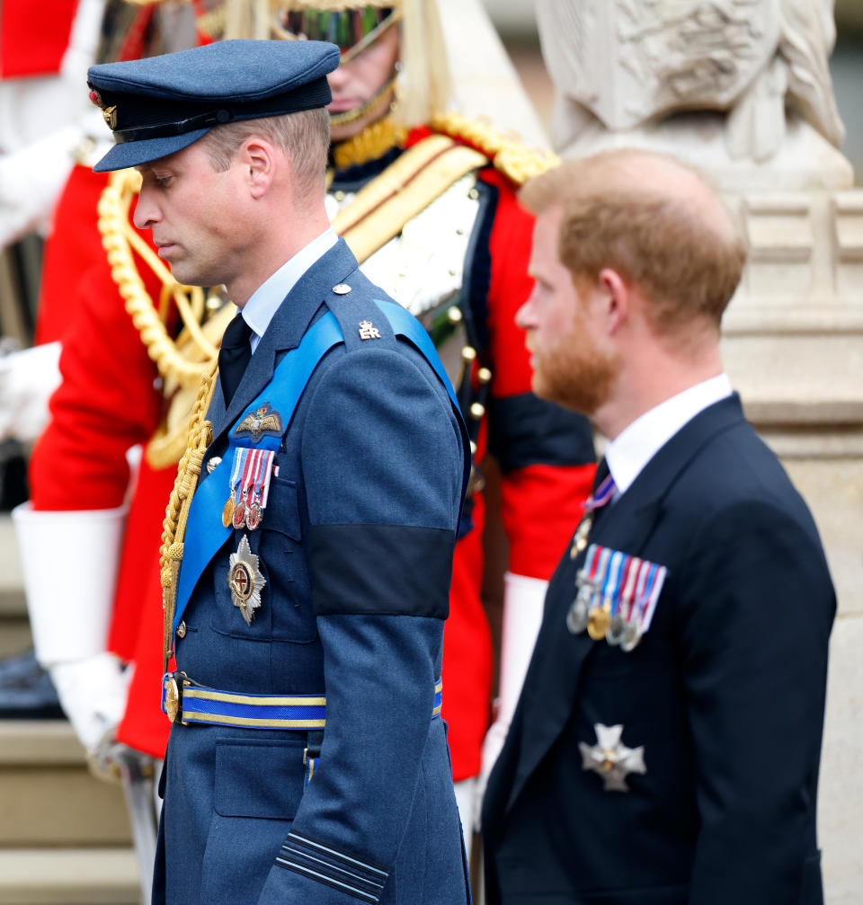 WINDSOR, UNITED KINGDOM - SEPTEMBER 19: (EMBARGOED FOR PUBLICATION IN UK NEWSPAPERS UNTIL 24 HOURS AFTER CREATE DATE AND TIME) Prince William, Prince of Wales and Prince Harry, Duke of Sussex attend the Committal Service for Queen Elizabeth II at St George's Chapel, Windsor Castle on September 19, 2022 in Windsor, England. The committal service at St George's Chapel, Windsor Castle, took place following the state funeral at Westminster Abbey. A private burial in The King George VI Memorial Chapel followed. Queen Elizabeth II died at Balmoral Castle in Scotland on September 8, 2022, and is succeeded by her eldest son, King Charles III. (Photo by Max Mumby/Indigo/Getty Images)