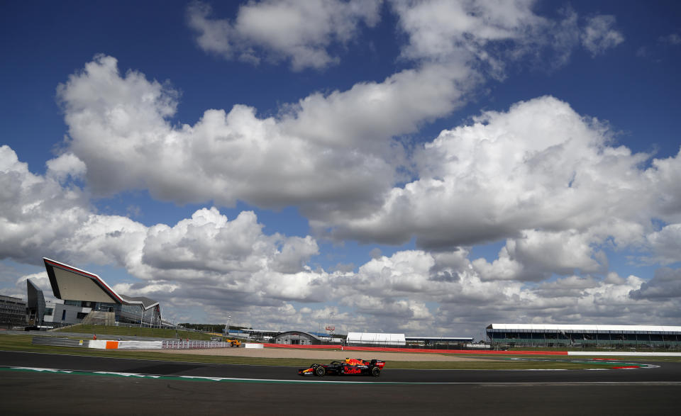 Red Bull driver Alexander Albon of Thailand steers his car during the qualifying session for the British Formula One Grand Prix at the Silverstone racetrack, Silverstone, England, Saturday, Aug. 1, 2020. The British Formula One Grand Prix will be held on Sunday. (AP Photo/Frank Augstein, Pool)