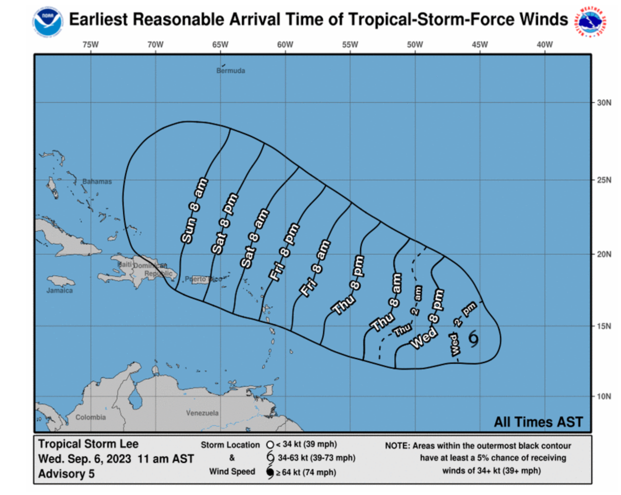 The latest advisory from the National Weather Service on Wednesday of the arrival times of tropical storm-force winds in parts of the Caribbean (NWS/NOAA)