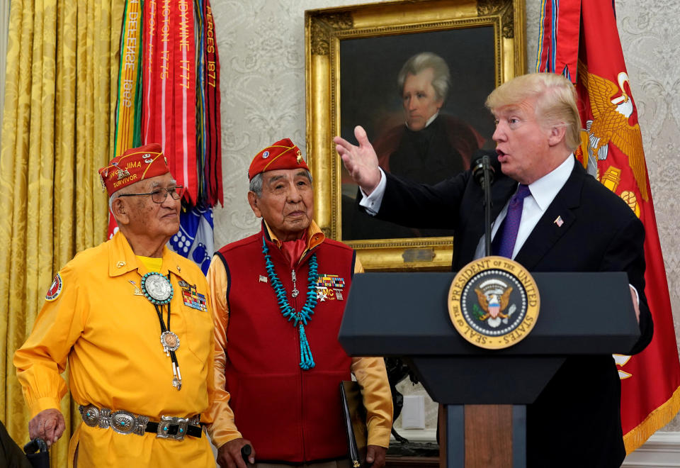 President Trump gestures as he hosts an event honoring the Native American code talkers at the White House on Monday. (Kevin Lamarque/Reuters)