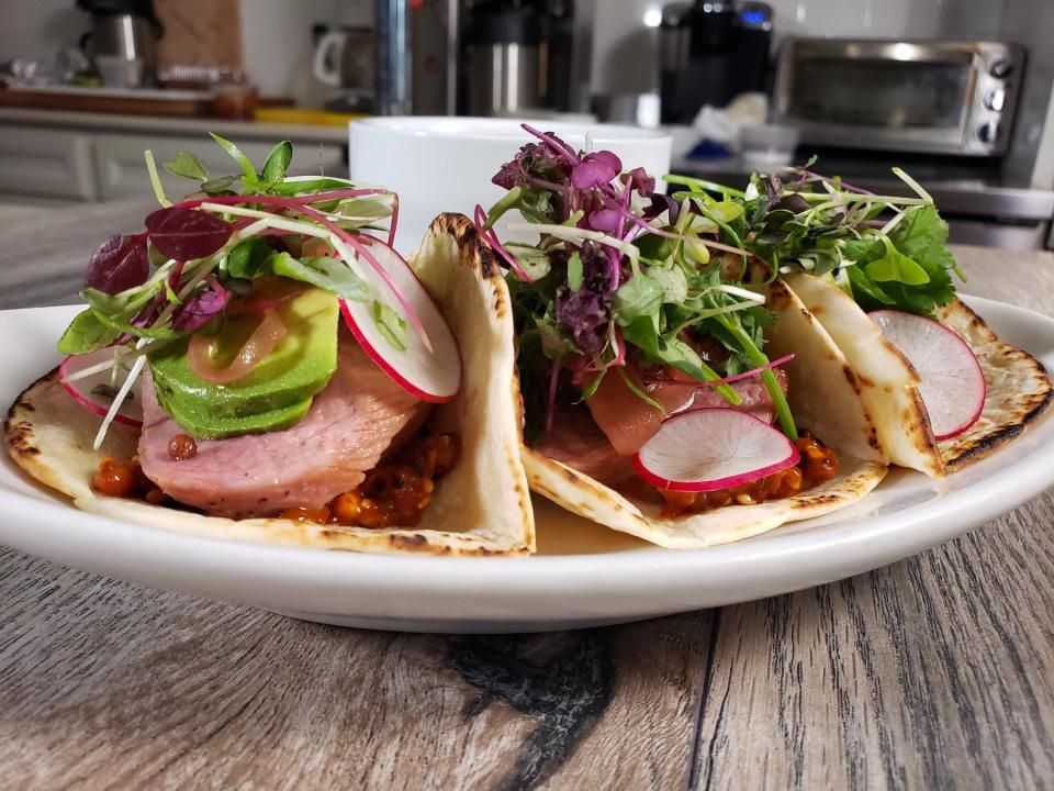 A beautiful plate of Duck Tacos with Salsa Macha from chef Jules Ramos.