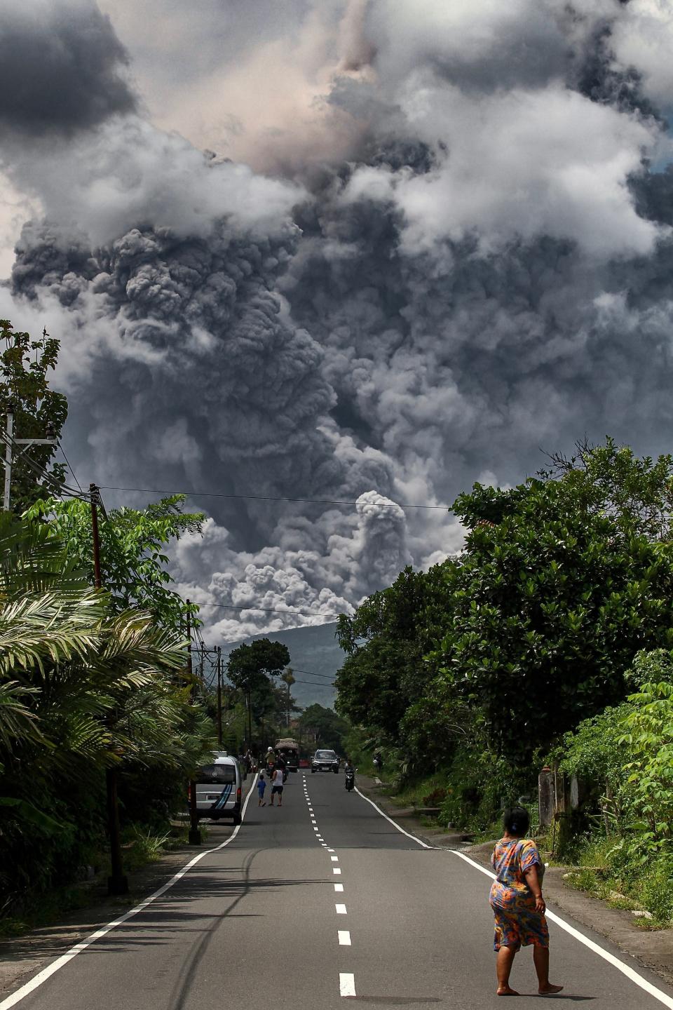 People stand in a road lines with greenery watching pillars of dark smoke obscure the sky