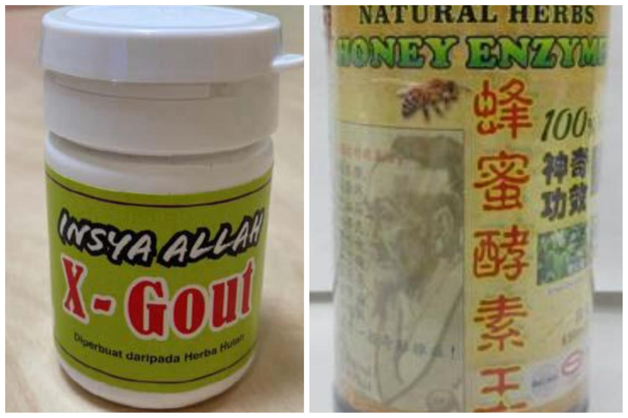 X-Gout (left) and dcr Natural Herbs Honey Enzyme, two health products found by HSA to have caused Cushing's syndrome in two persons. (PHOTO: Health Sciences Authority)