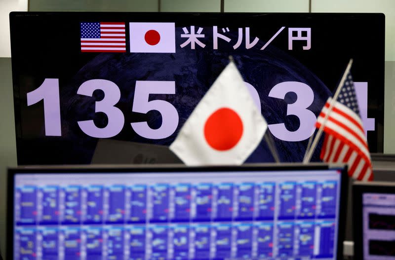 FILE PHOTO: Monitor showing the Japanese yen exchange rate against the U.S. dollar is seen in Tokyo