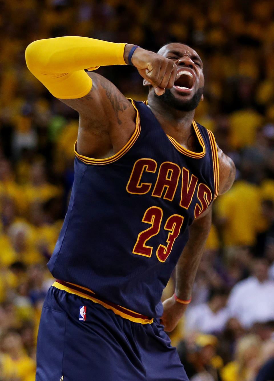 OAKLAND, CA - JUNE 07:  LeBron James #23 of the Cleveland Cavaliers celebrates their 95 to 93 win over the Golden State Warriors in overtime  during Game Two of the 2015 NBA Finals at ORACLE Arena on June 7, 2015 in Oakland, California. NOTE TO USER: User expressly acknowledges and agrees that, by downloading and or using this photograph, user is consenting to the terms and conditions of Getty Images License Agreement.  (Photo by Ezra Shaw/Getty Images)