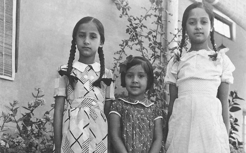 Madhur Jaffrey aged four (centre) with sisters Kamal (left) and Lalit in the garden of their home in Kanpur - Madhur Jaffrey