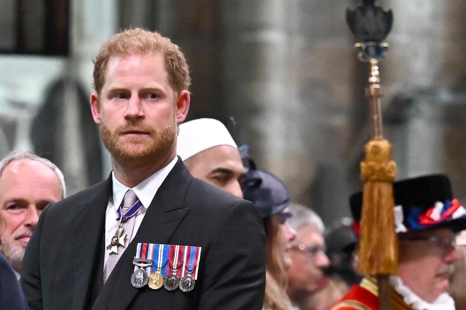 <p>LONDON, ENGLAND - MAY 06: Prince Harry, Duke of Sussex attends the Coronation of King Charles III and Queen Camilla on May 6, 2023 in London, England. The Coronation of Charles III and his wife, Camilla, as King and Queen of the United Kingdom of Great Britain and Northern Ireland, and the other Commonwealth realms takes place at Westminster Abbey today. Charles acceded to the throne on 8 September 2022, upon the death of his mother, Elizabeth II. (Photo by Ben Stansall - WPA Pool/Getty Images)</p> 