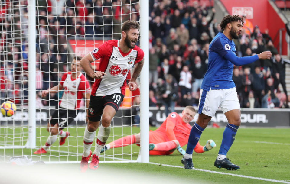 Southampton’s Charlie Austin celebrates his brace against Everton