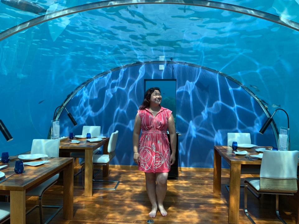 Author Fiona Chandra at Ithaa undersea restaurant 