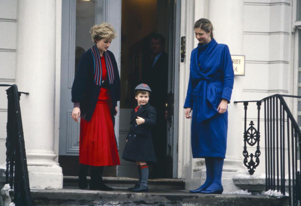 LONDON,  UNITED KINGDOM- JANUARY 15:  Diana, Princess of Wales, takes Prince William to his first day at Wetherby School, welcomed by School Headmistress, Frederika Blair Turner ( right ), on January 15, 1987 in London, United Kingdom. (Photo by Julian Parker/UK Press via Getty Images)