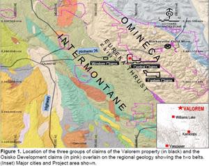 Figure 1. Location of the three groups of claims of the Valorem property (in black) and the Osisko Development claims (in pink) overlain on the regional geology showing the two belts. (Inset) Major cities and Project area shown.