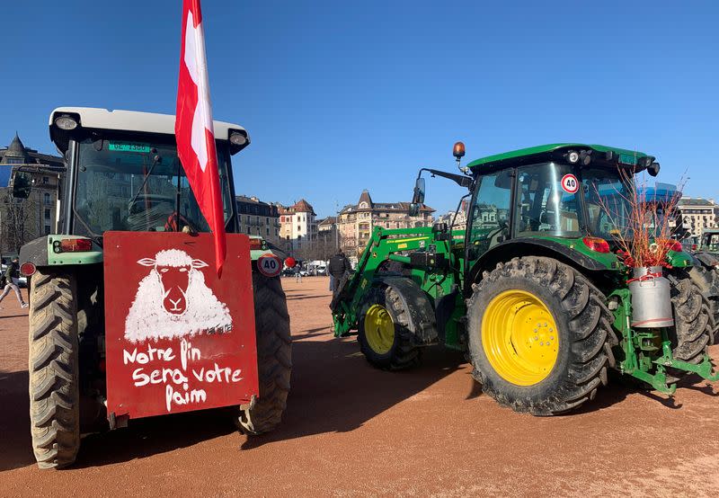 Swiss farmers and their tractors are seen during a protest in Geneva