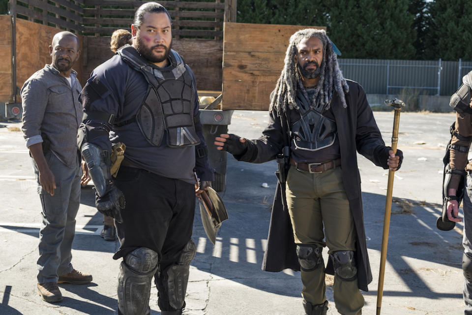 <p>Khary Payton as Ezekiel, Lennie James as Morgan Jones, Cooper Andrews as Jerry (Credit: Gene Page/AMC) </p>