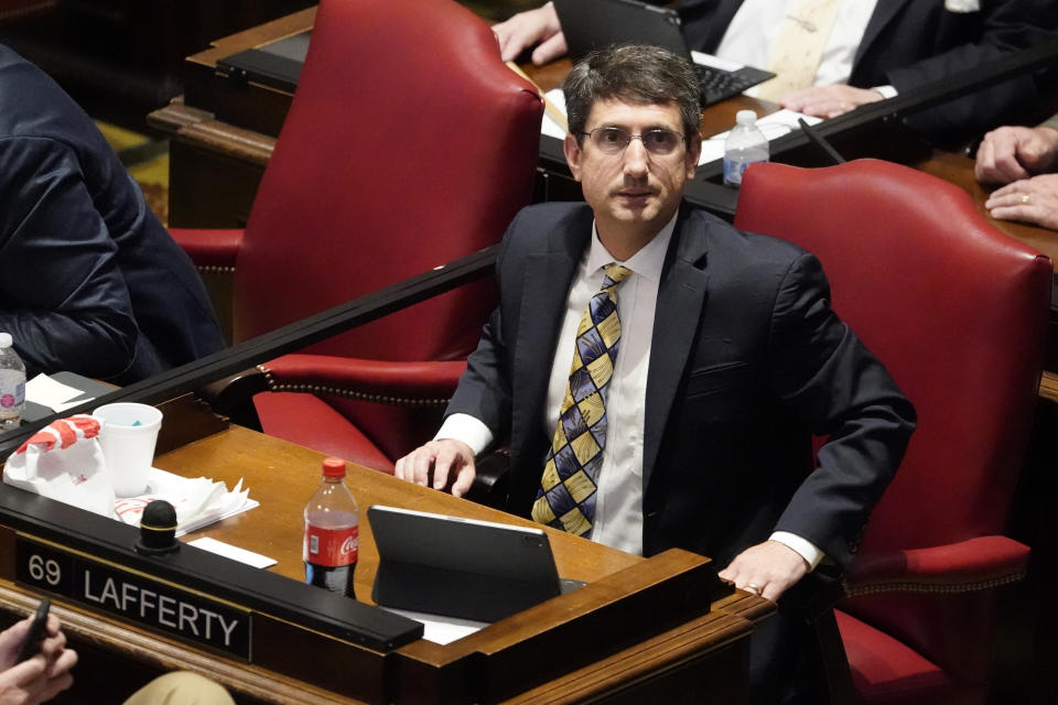 State Rep. Justin Lafferty, R-Knoxville, watches the tally board during a vote in the House of Representatives, Tuesday, May 4, 2021, in Nashville, Tenn. Lafferty falsely declared that an 18th century policy designating a slave as three-fifths of a person was adopted for "the purpose of ending slavery," commenting amid a debate over whether educators should be restricted while teaching about systematic racism in America. (AP Photo/Mark Humphrey)