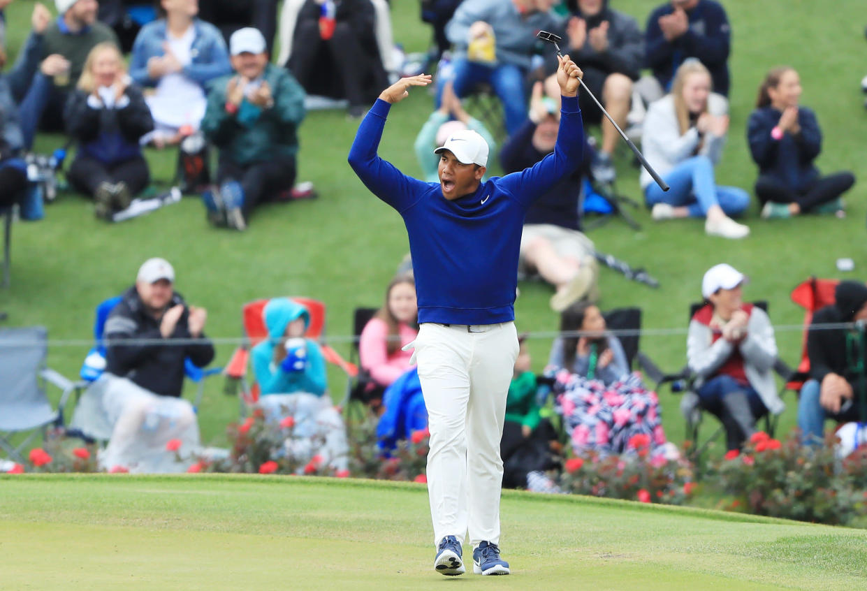 PONTE VEDRA BEACH, FLORIDA - MARCH 17: Jhonattan Vegas of Venezuela reacts to his birdie putt on the 17th green during the final round of The PLAYERS Championship on The Stadium Course at TPC Sawgrass on March 17, 2019 in Ponte Vedra Beach, Florida. (Photo by Sam Greenwood/Getty Images)