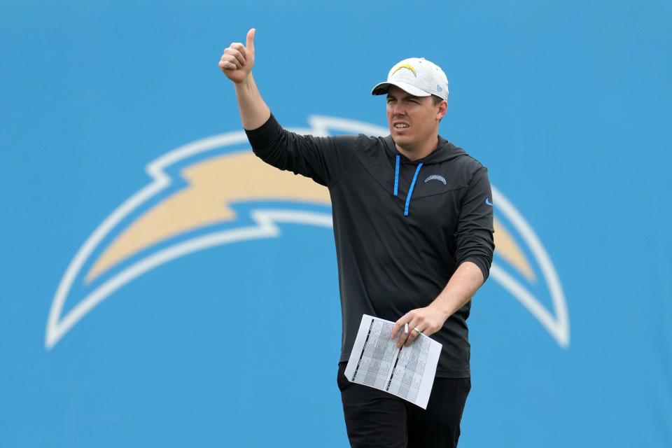 Jun 13, 2023; Costa Mesa, CA, USA; Los Angeles Chargers offensive coordinator Kellen Moore during minicamp at the Hoag Performance Center. Mandatory Credit: Kirby Lee-USA TODAY Sports