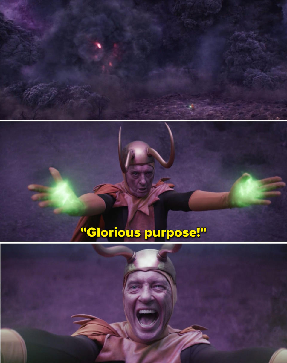 Classic Loki shouting "Glorious purpose"