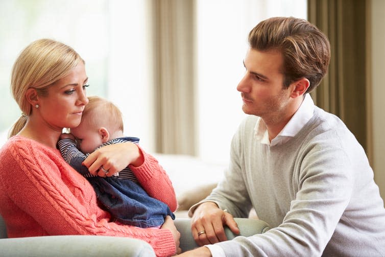 <span class="caption">Depression has an impact on the whole family.</span> <span class="attribution"><a class="link " href="https://www.shutterstock.com/image-photo/couple-woman-suffering-post-natal-depression-173523560?src=yELW42CedTCGwqgSvvuP-g-1-0" rel="nofollow noopener" target="_blank" data-ylk="slk:Shutterstock;elm:context_link;itc:0;sec:content-canvas">Shutterstock</a></span>