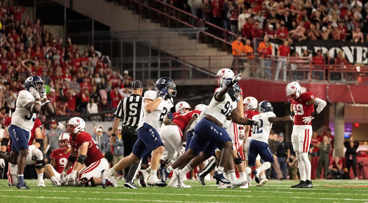 Georgia Southern's Marques Watson-Trent (33), Justin Ellis (2), Kristian Varner (92) and Anthony Wilson (12) celebrate after Nebraska's Timmy Bleekrode missed a 52-yard field-goal attempt at the end of the game Saturday, Sept. 10, 2022, in Lincoln, Neb. Georgia Southern won 45-42.
