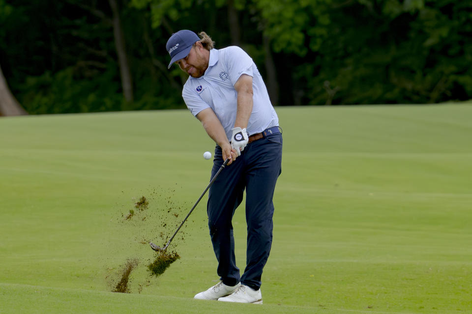 Zac Blair hits on the 16th hole during the third round of the PGA Zurich Classic golf tournament at TPC Louisiana in Avondale, La., Saturday, April 27, 2024. (AP Photo/Matthew Hinton)