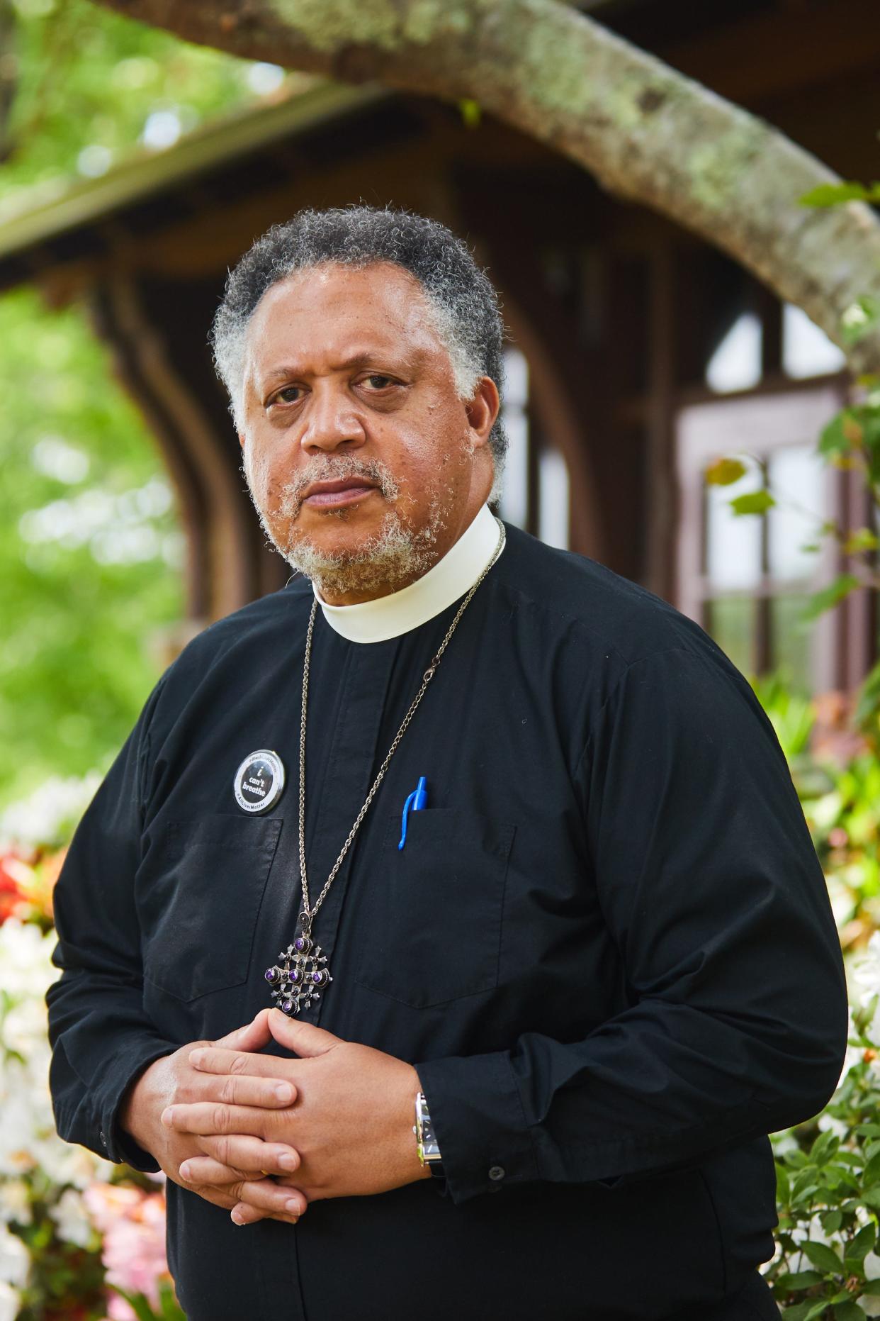 Rev. Mebane on June 03, 2020, in St. Barnabas Church's Chapel Garden, Falmouth, Massachusetts.