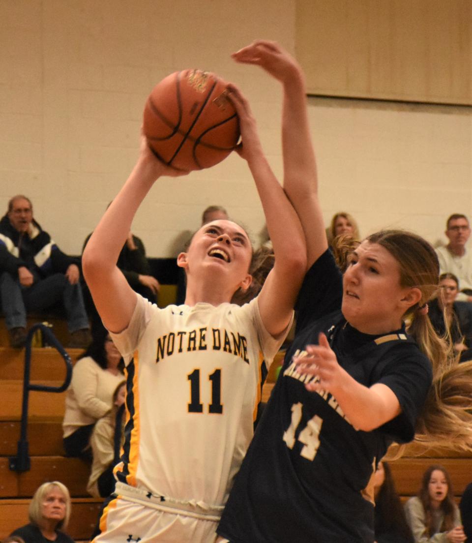Notre Dame Juggler Maggie Trinkaus (left) goes up with a shot against Skaneateles Laker Tobi DiRubbo during the first half of Saturday's Section III quarterfinal.