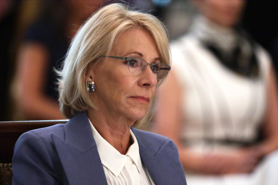 WASHINGTON, DC - MAY 19:   U.S. Secretary of Education Betsy DeVos listens during a cabinet meeting in the East Room of the White House on May 19, 2020 in Washington, DC. Earlier in the day President Trump met with members of the Senate GOP.  (Photo by Alex Wong/Getty Images)