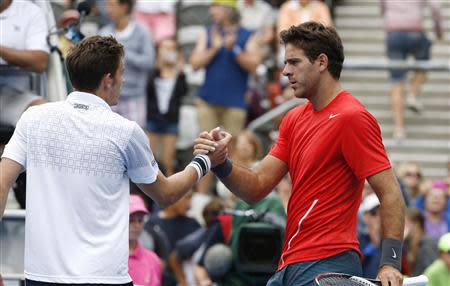 Juan Martin Del Potro of Argentina (R) meets France's Nicolas Mahut of France at the net following his second round men's singles win at the Sydney International tennis tournament in Sydney, January 8, 2014. REUTERS/Jason Reed