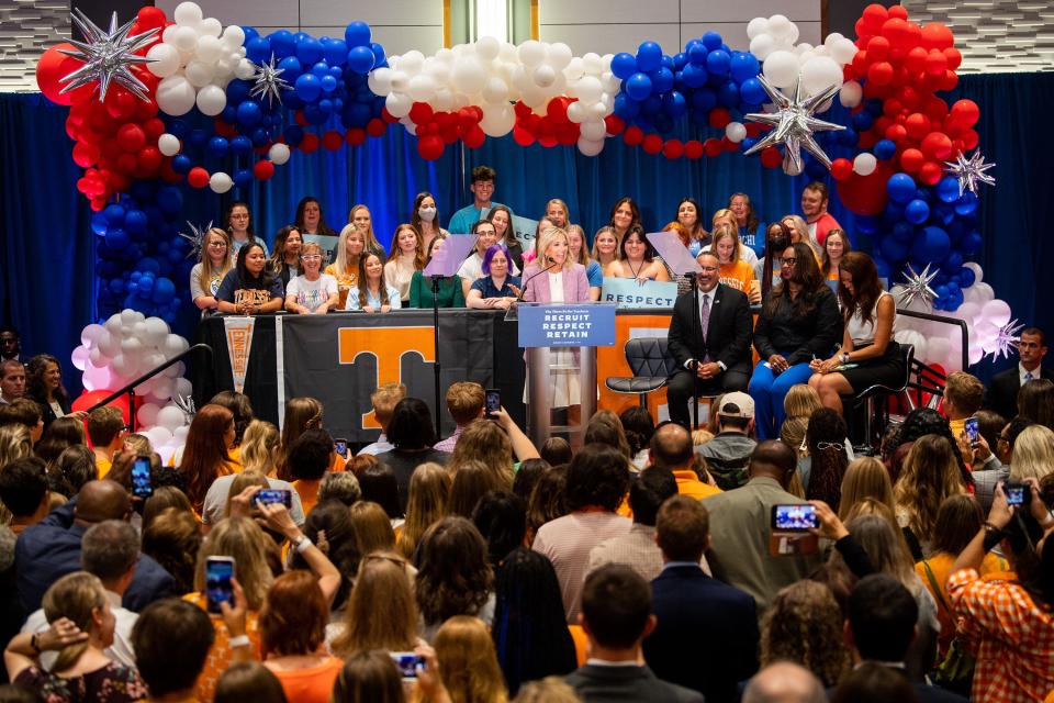 First lady Jill Biden speaks during an event at the University of Tennessee at Knoxville celebrating Tennessee's Grow Your Own Initiative, a teacher apprenticeship program.