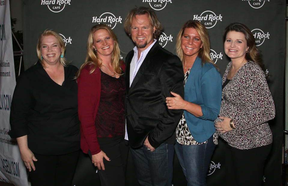 Sister Wives stars Janelle Brown, Christine Brown, Kody Brown, Meri Brown and Robyn Brown at the Hard Rock Cafe in Las Vegas.