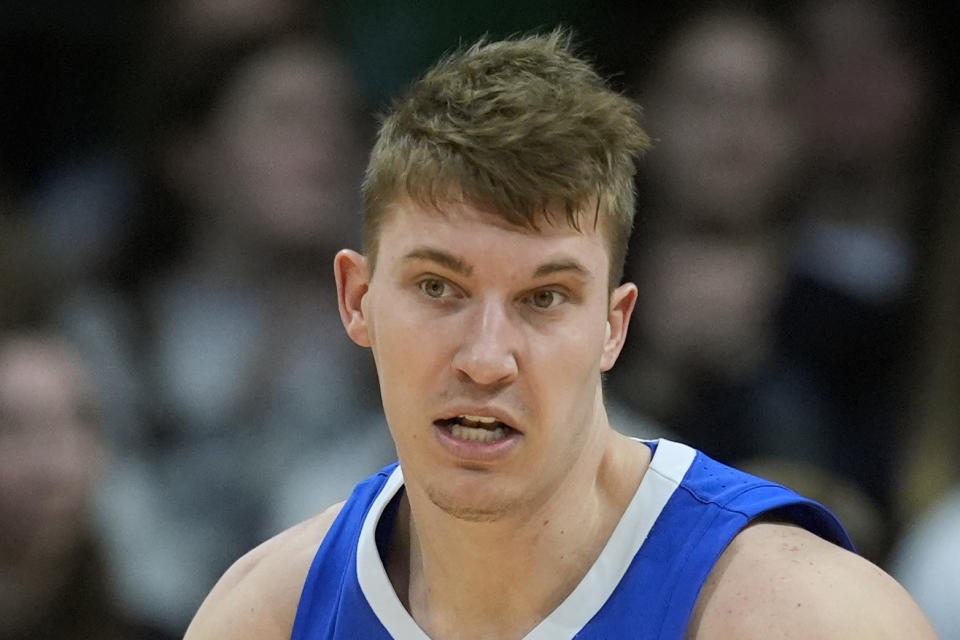 FILE - Creighton's Baylor Scheierman plays during the second half of an NCAA college basketball game against Butler, Saturday, Feb. 17, 2024, in Indianapolis. Scheierman was selected to the AP All-Big East first team in balloting released Tuesday, March 12, 2024.(AP Photo/Darron Cummings, File)