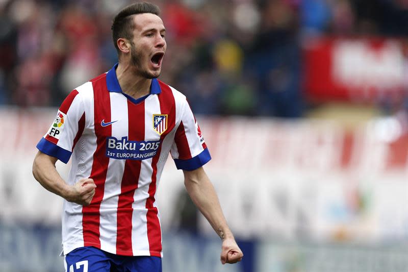 El centrocampista del Atlético de Madrid Saúl Ñiguez celebra su golazo. EFE/Javier Lizón