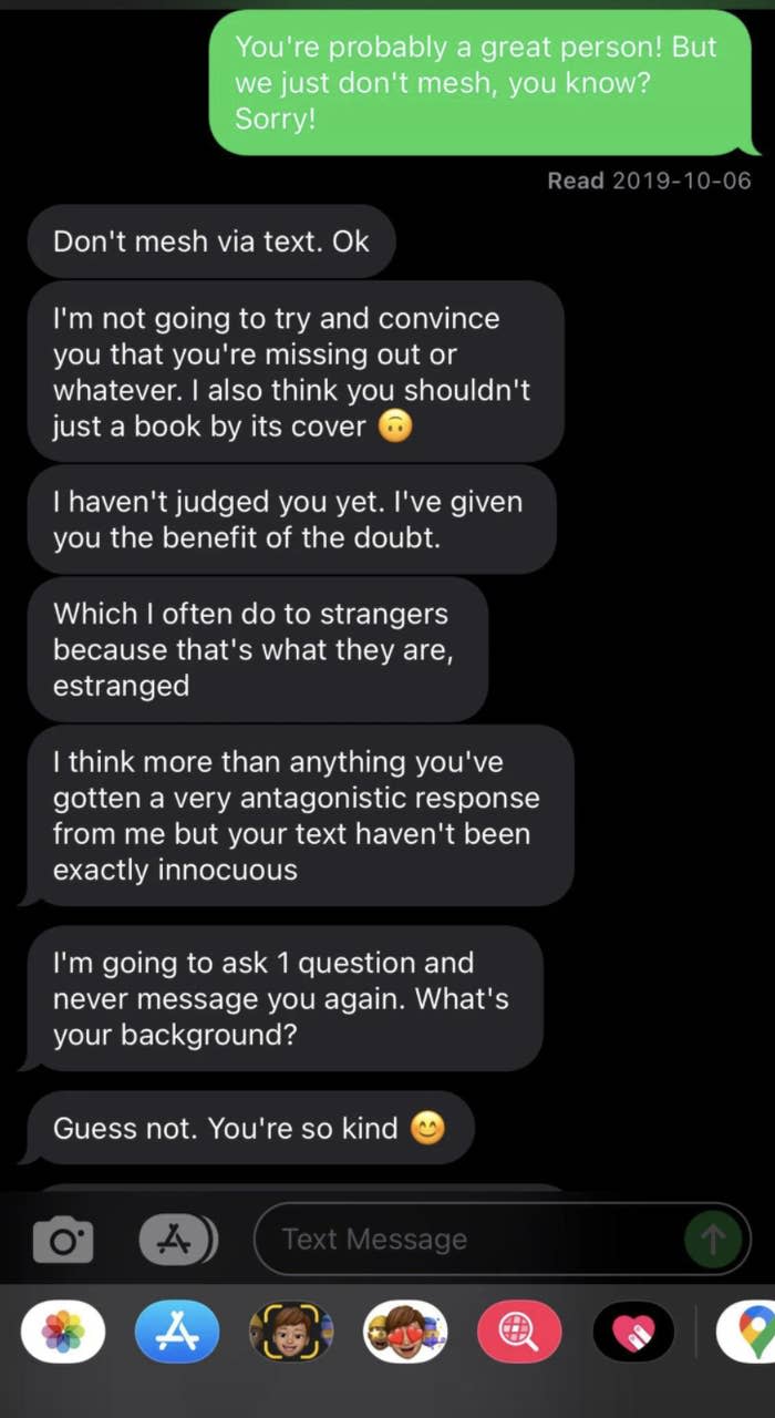 "Nice guy:" "I haven't judged you yet. I've given you the benefit of the doubt. Which I often do to strangers because that's what they are — estranged"