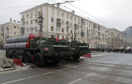 FILE PHOTO: Russian S-400 missile air defence systems drive during the military parade to commemorate the 75th anniversary of the battle of Stalingrad in World War Two, in the city of Volgograd, Russia, February 2, 2018. REUTERS/Tatyana Maleyeva/File Photo